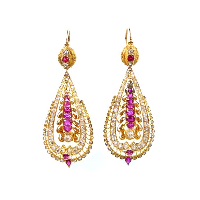 Pair of 18ct gold, diamond and ruby pendant earrings | MasterArt